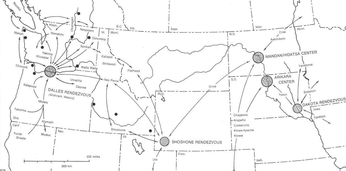  Indigenous trade routes circa 1775 before the arrive of European colonizers. Courtesy W. Raymond Wood ( Accessed: https://www.wyohistory.org/encyclopedia/trade-among-tribes-commerce-plains-europeans-arrived)